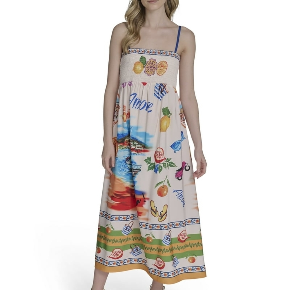 Beige Multicolor Fruit-Print Maxi Dress with Blue Straps Size S